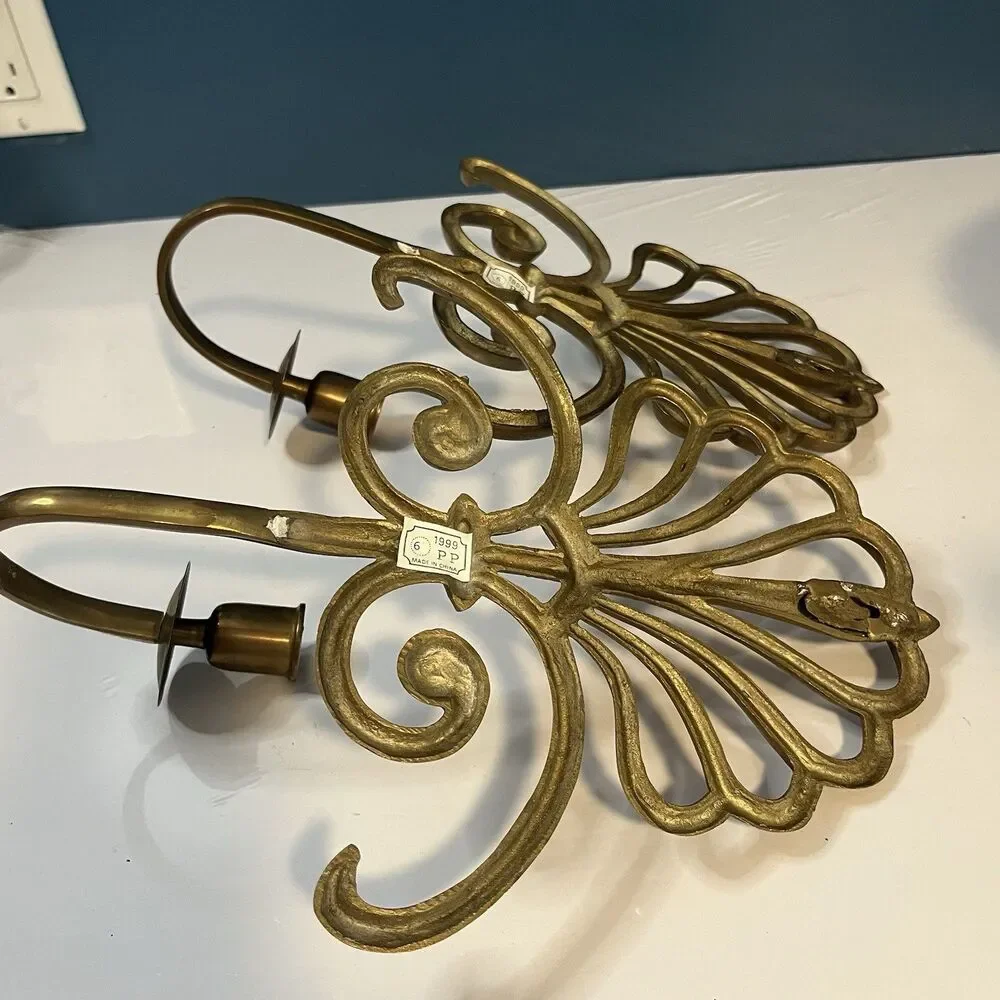 Solid Brass Wall Mounted Sconces Pair Scroll Design 90’s Single Candlestick